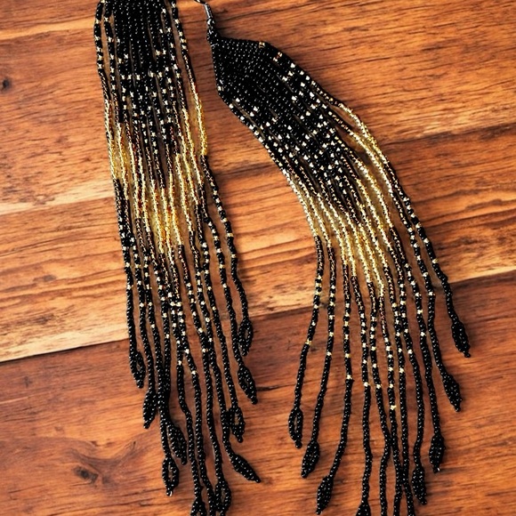 Sexy Dramatic Black and Gold Glass Beaded Fringe Earrings Handmade - Picture 5 of 16